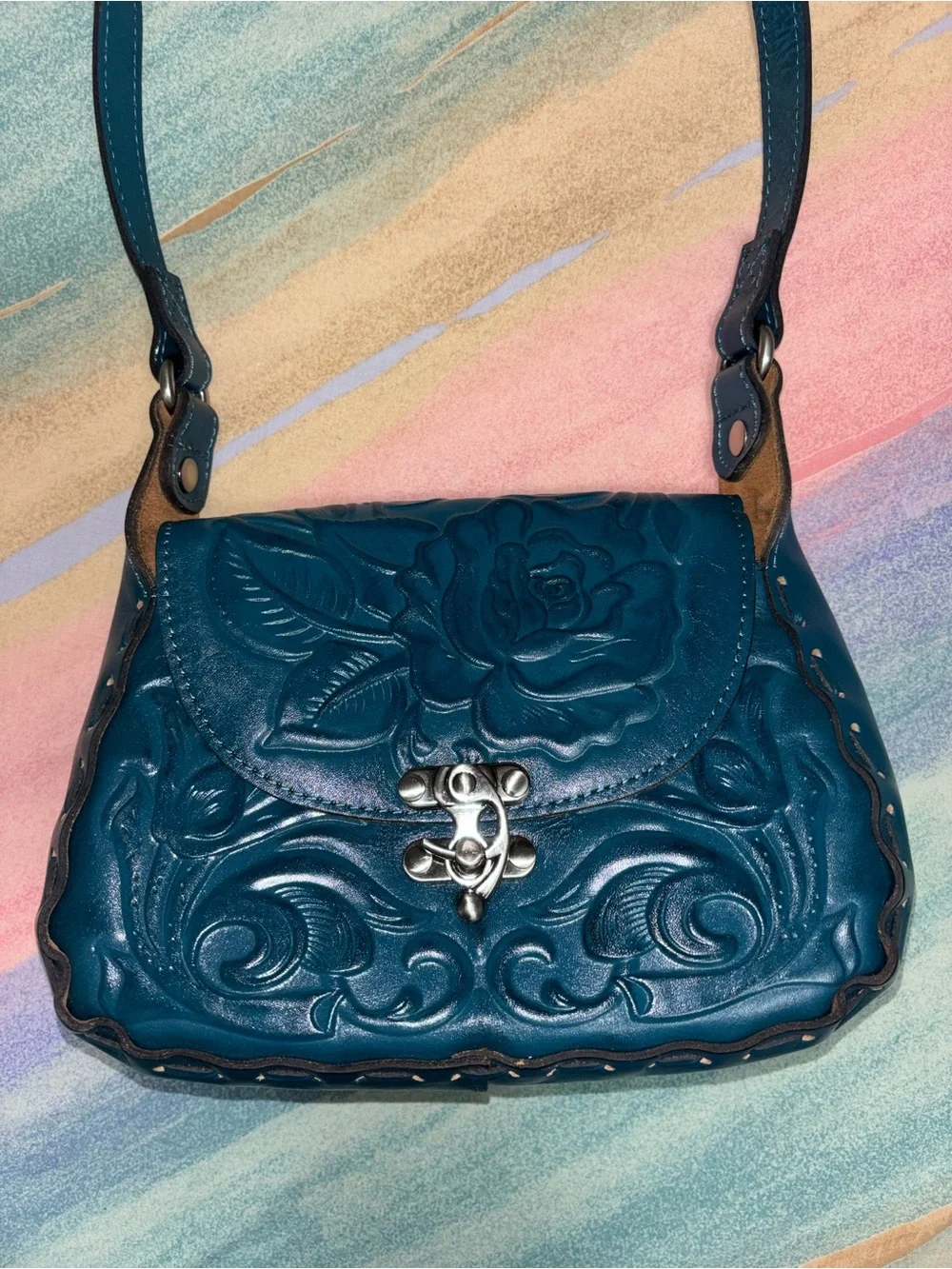 Patricia Nash Lucia blue coral Rose Tooled Crossbody purse